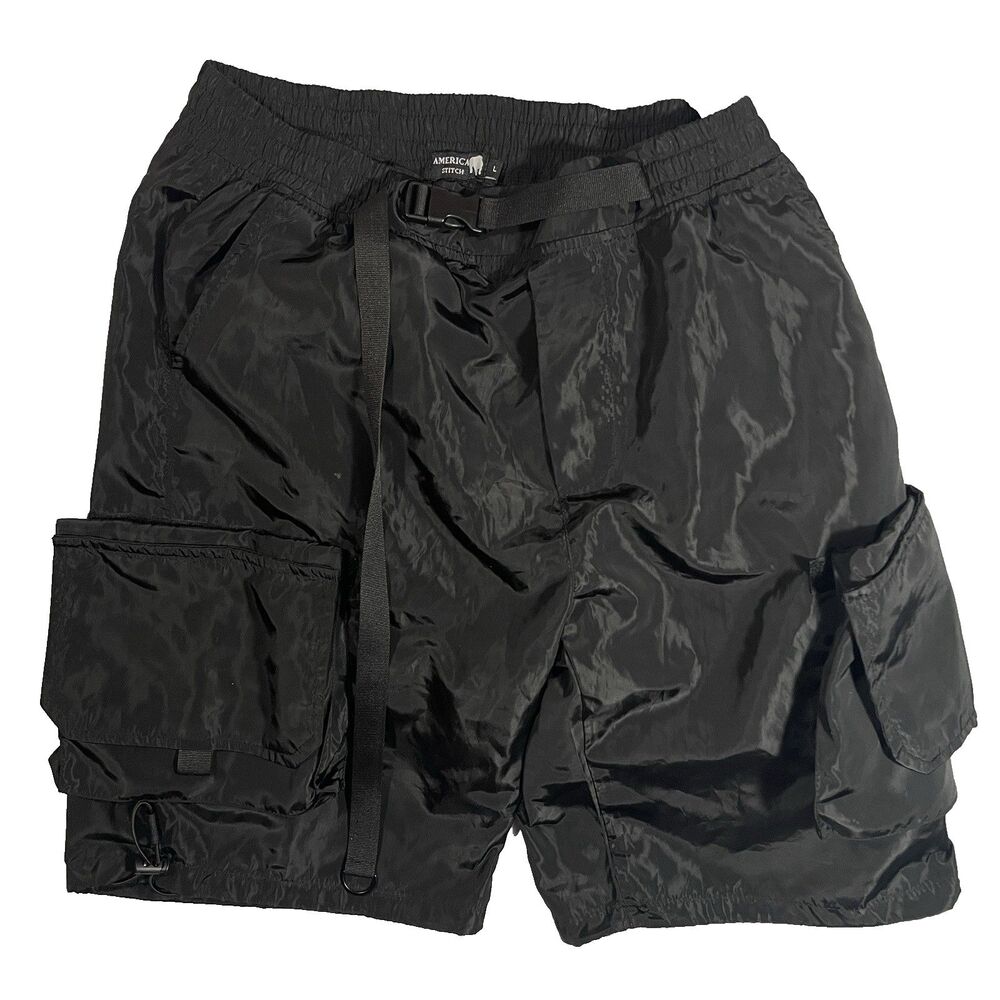 American Stitch Black Removeable Self Gripping Tape Pockets Cargo Shorts Large